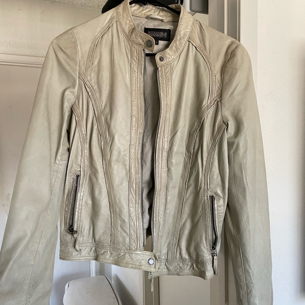 rock and blue cream genuine leather jacket